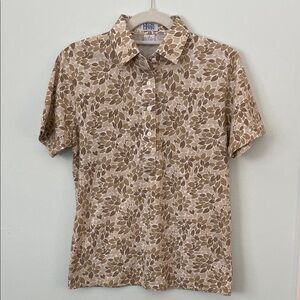 Leon Levin Women's Brown Leaf Pattern Golf Short Sleeve Shirt Size S